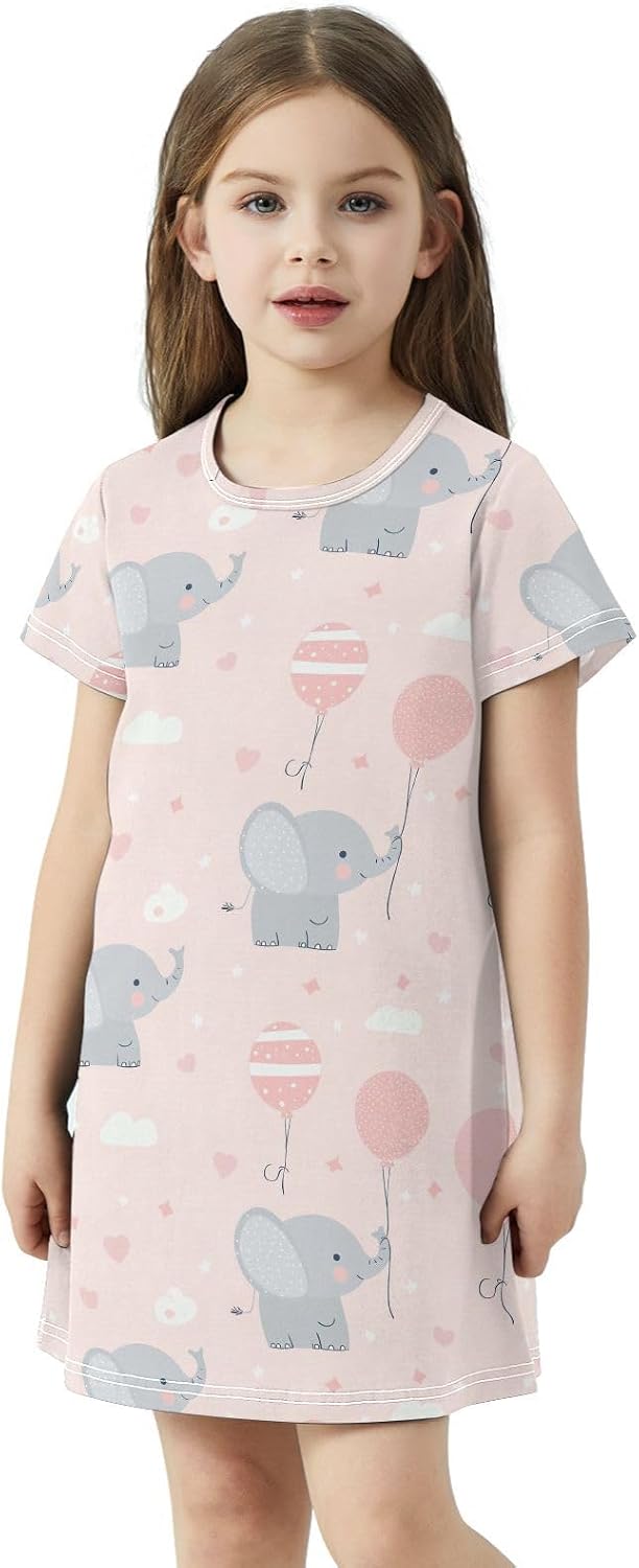Elephant Girl Dresses Summer Dresses for Girls with Cotton Short Sleeves for Casual Aline Dress Size2-8Y