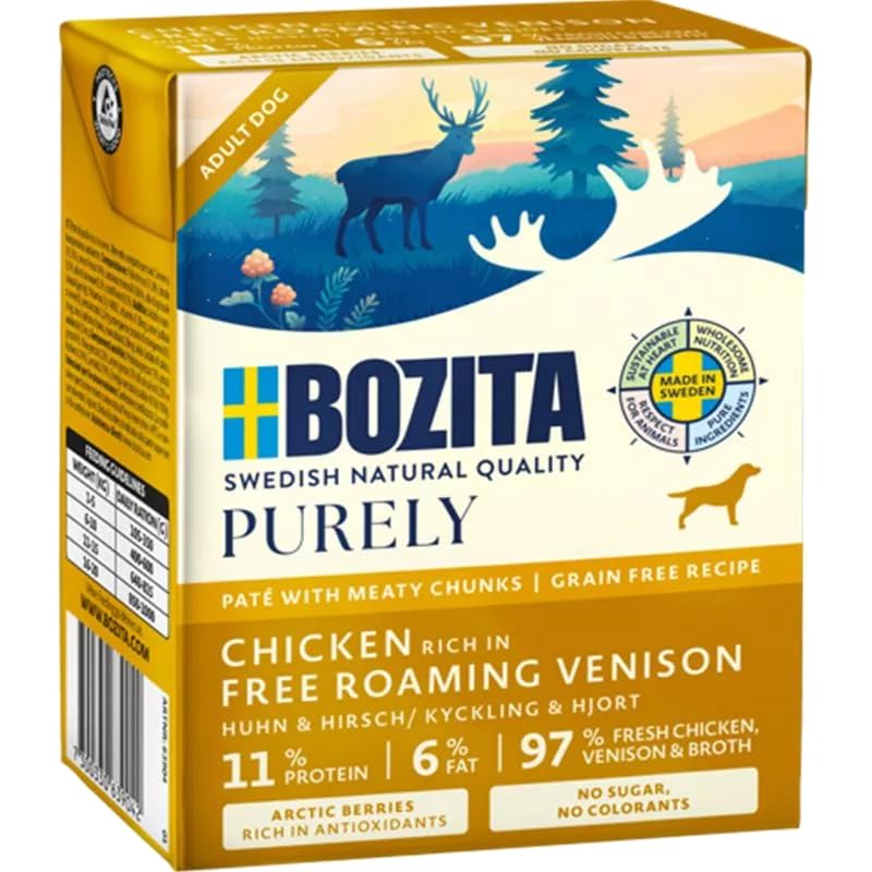 Bozita Purely 6 x 370g Huhn & Hirsch im Tetra | Getreidefreies Nassfutter für Hunde | Sehr Hoher Fleischanteil | mit Fleischstückchen | ohne Zucker & ohne künstliche Farbstoffe