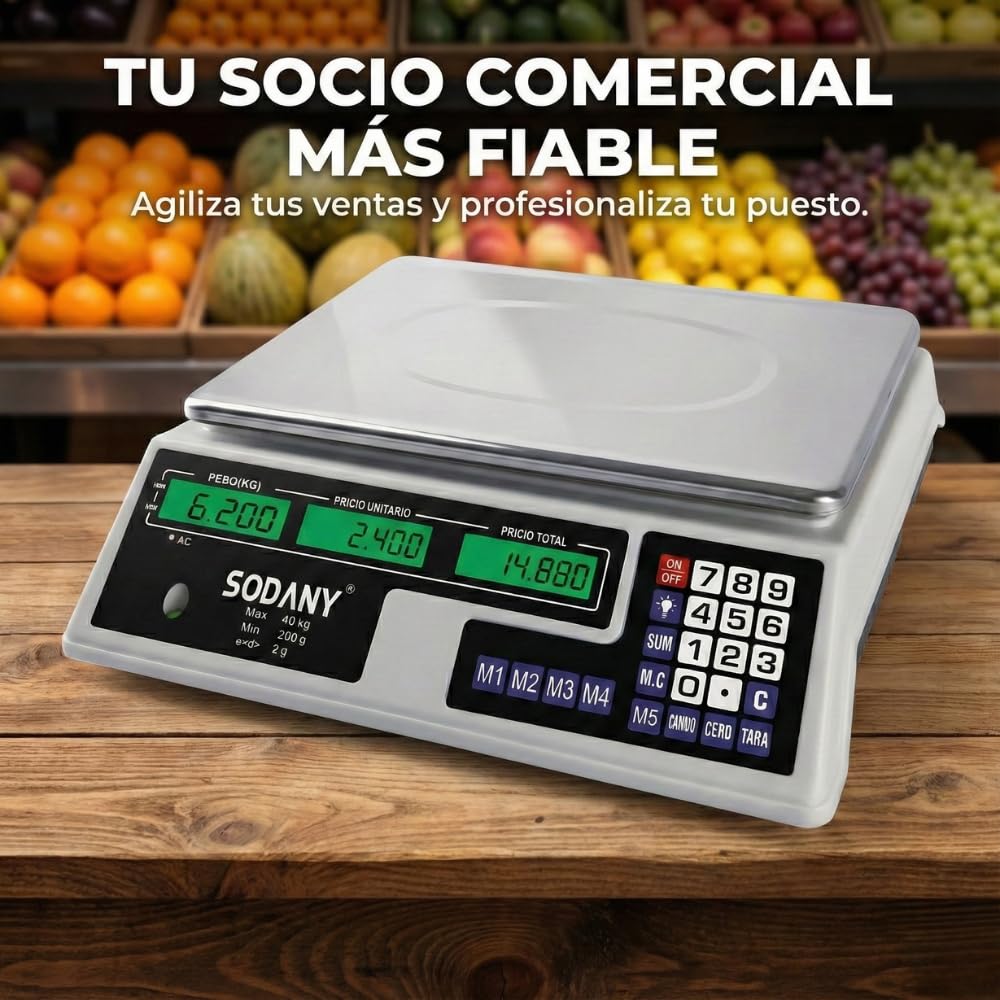 Báscula Comercial 40kg/2g Balanza Digital Profesional con Doble Pantalla LED Verde (3 Visores), Batería Recargable, Plato Acero Inoxidable. Ideal para Frutería, Mercadillo y Tiendas