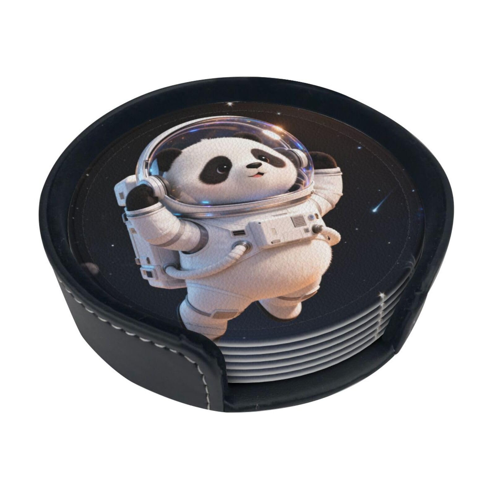 Cntdbu White Panda Astronaut Space Leather Coasters Set Of 6-Pu Leather Drink Mats For Table, Heat Resistant Round Coasters With Holder