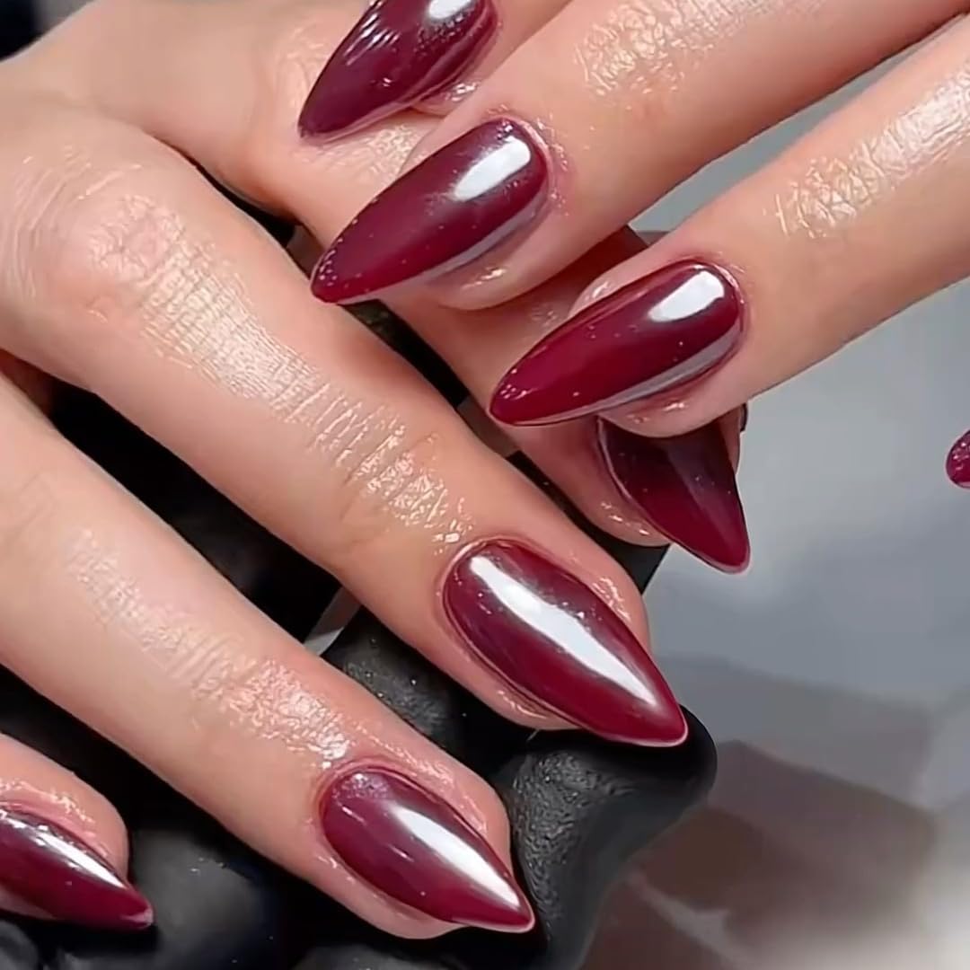 SXVME Wine Red Cat Eye Press on Nails Almond Shape, 30 Pcs Glitter Fake Nails Short Stiletto