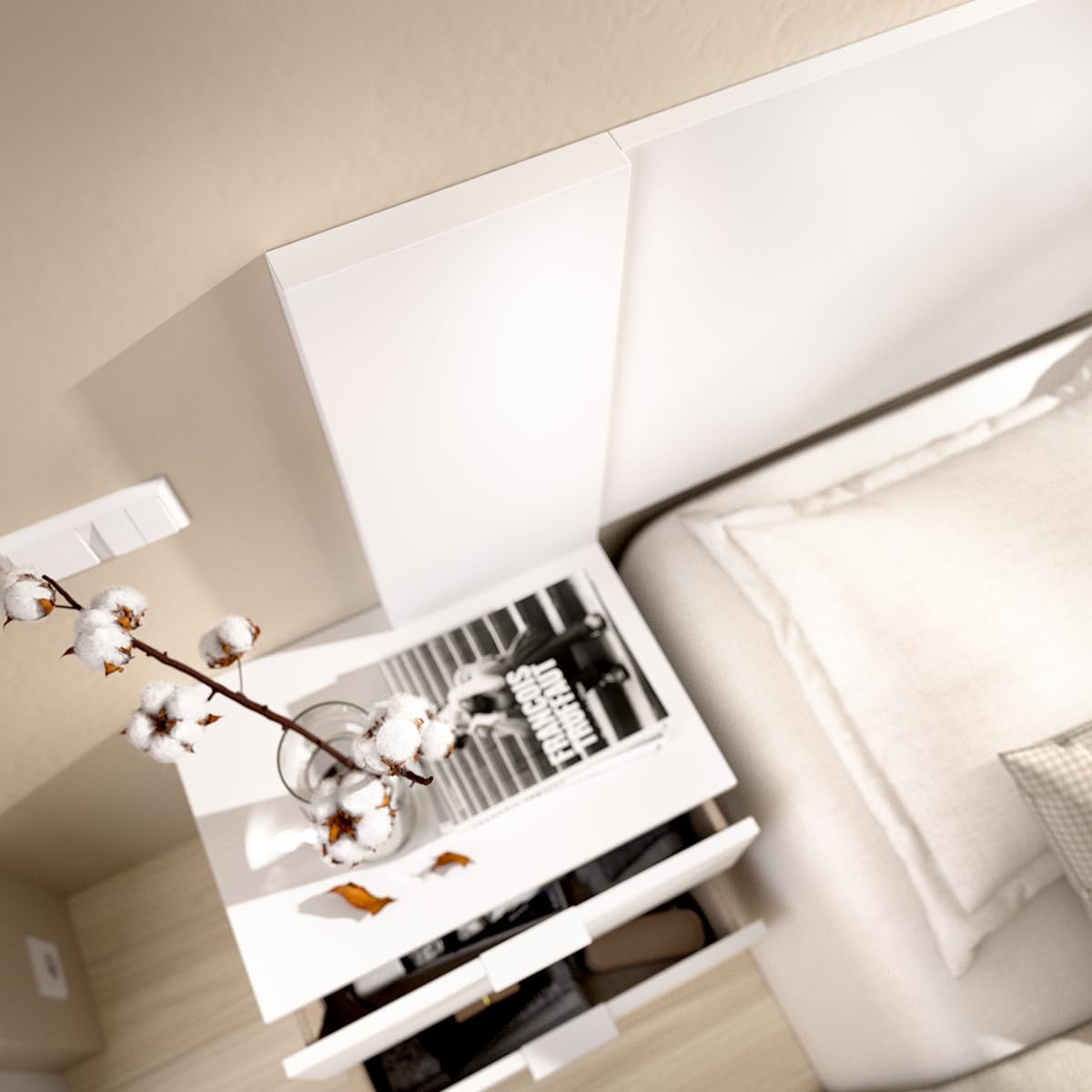 DEKIT Grupo RIMOBEL - Cabezal len para Cama DE 150CM con 2 MESITAS - Blanco - 96x251x34,2cm