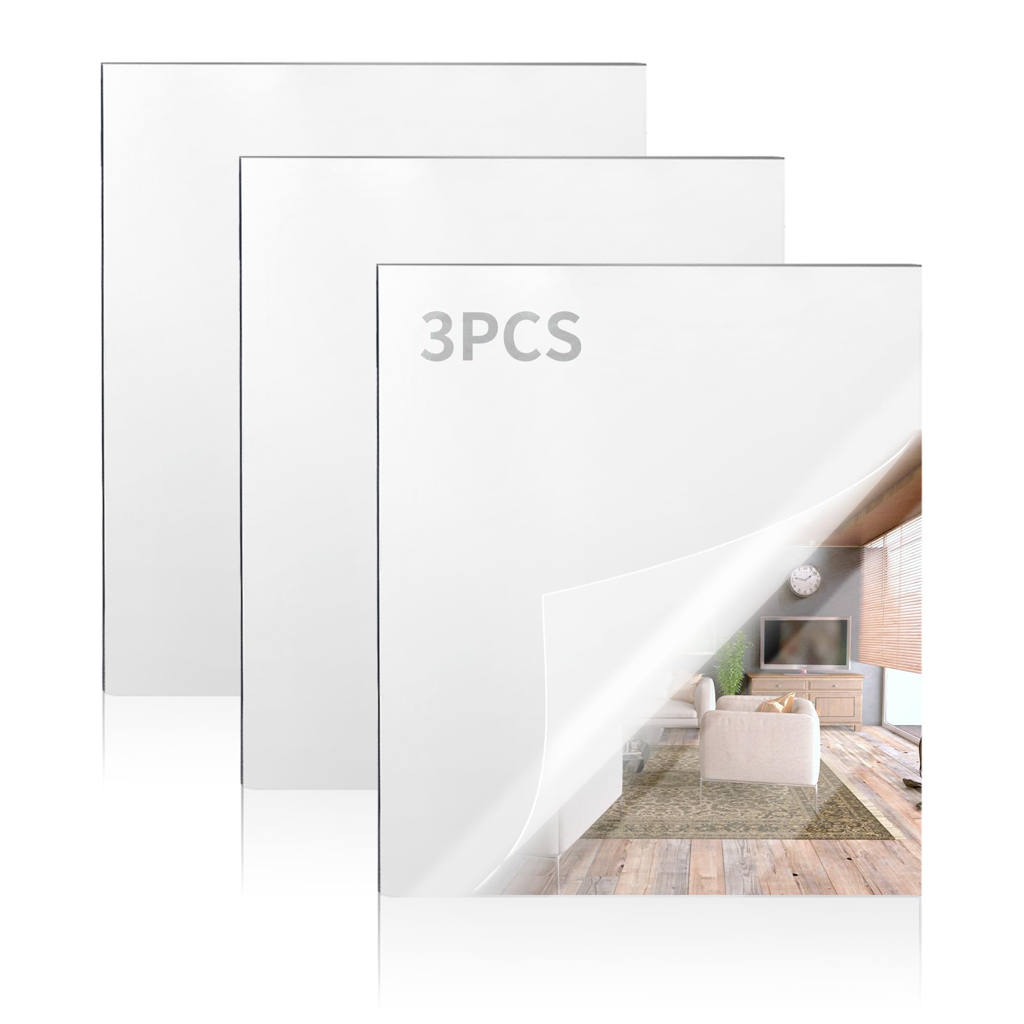 3 Pack Mirror Acrylic Sheets, 12" x 16" Opaque Glossy Mirror Plastic Sheet with 1/8 Inch?3mm? Thickness, Rigid Tinted Mirror Acrylic for Cutting, Sawing, Laser Cutting (3, Sliver, 12X16)