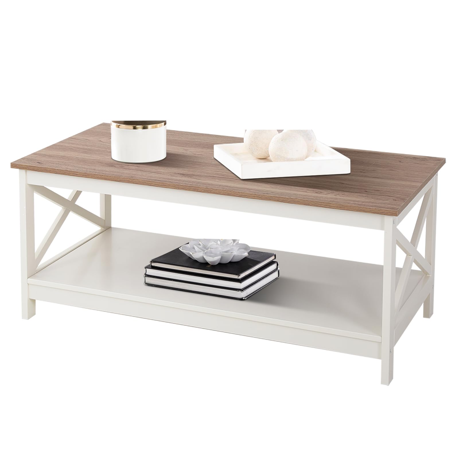 Sophia William Farmhouse Coffee Table with Storage Shelf for Living Room Ivory