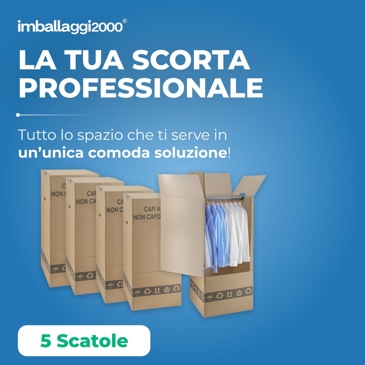 IMBALLAGGI 2000 - Scatole Cartone Porta Abiti con Barra Appendiabiti - 50x50 cm h 110 cm - Scatoloni per Trasloco Armadio - 5 Pezzi
