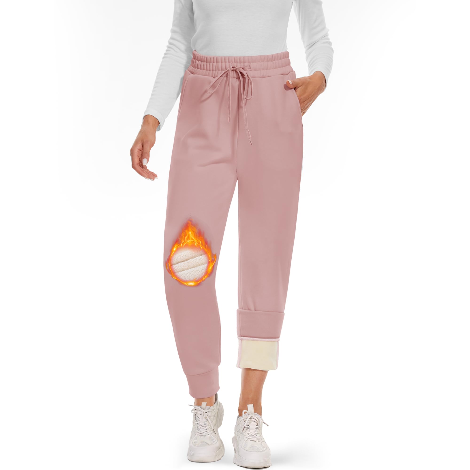 CAMPSNAILFleece Lined Sweatpants Women - Joggers for Women with Pockets High Waisted Thermal Winter Warm Pants for Snow, Pink, M