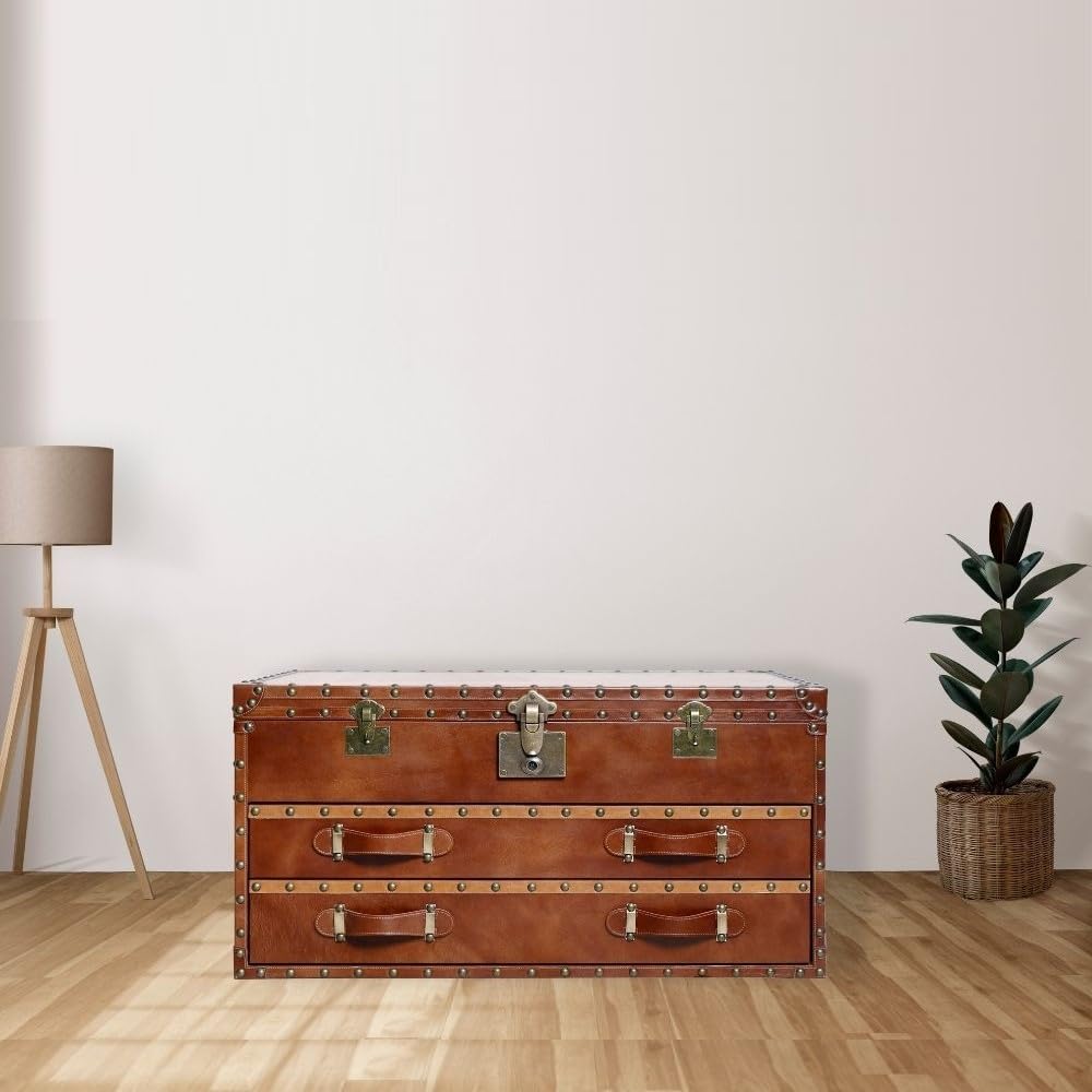 CHAMDACRAFTER Leather Storage Trunk cum coffee table with Drawers Handcrafted Sheesham Wooden Chest Box for Home & Office Multipurpose Organizer (Brown)-image-20