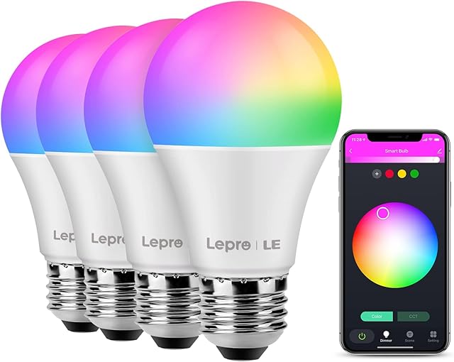 LE E27 Smart Bulb, Colour Changing Alexa Light Bulbs, Dimmable Warm White to Cool White Smart Bulb Screw, Works with Alexa and Google Home, 9W, 806lm, RGBCW, 2700K-6500K, Pack of 4 (2.4GHz WiFi Only)