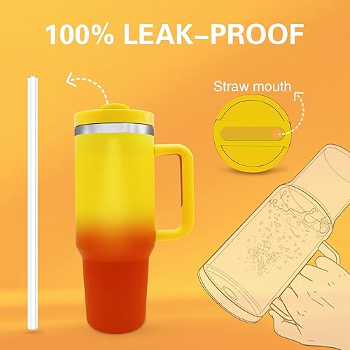 Miniatura 6 de Vaso de 40 onzas con asa y tapa con pajilla, taza de viaje aislada al vacío de doble pared de acero inoxidable con funda de silicona, taza de