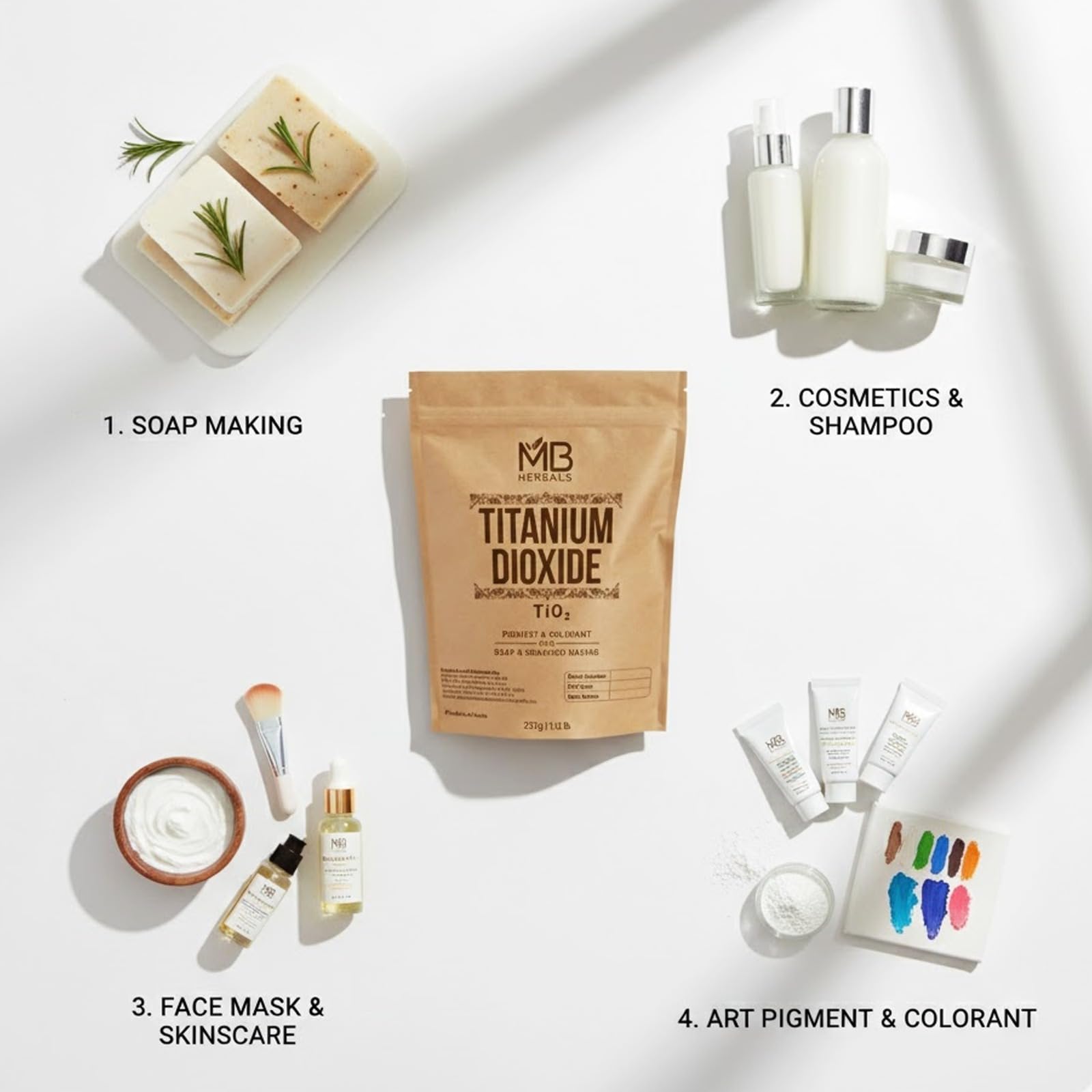 MB Herbals Titanium Dioxide Powder 227G – High Purity White Pigment for Resin Art, Soap Making, Paint, DIY Crafts, Cosmetic Formulations & Industrial Use – Resealable Packaging 3