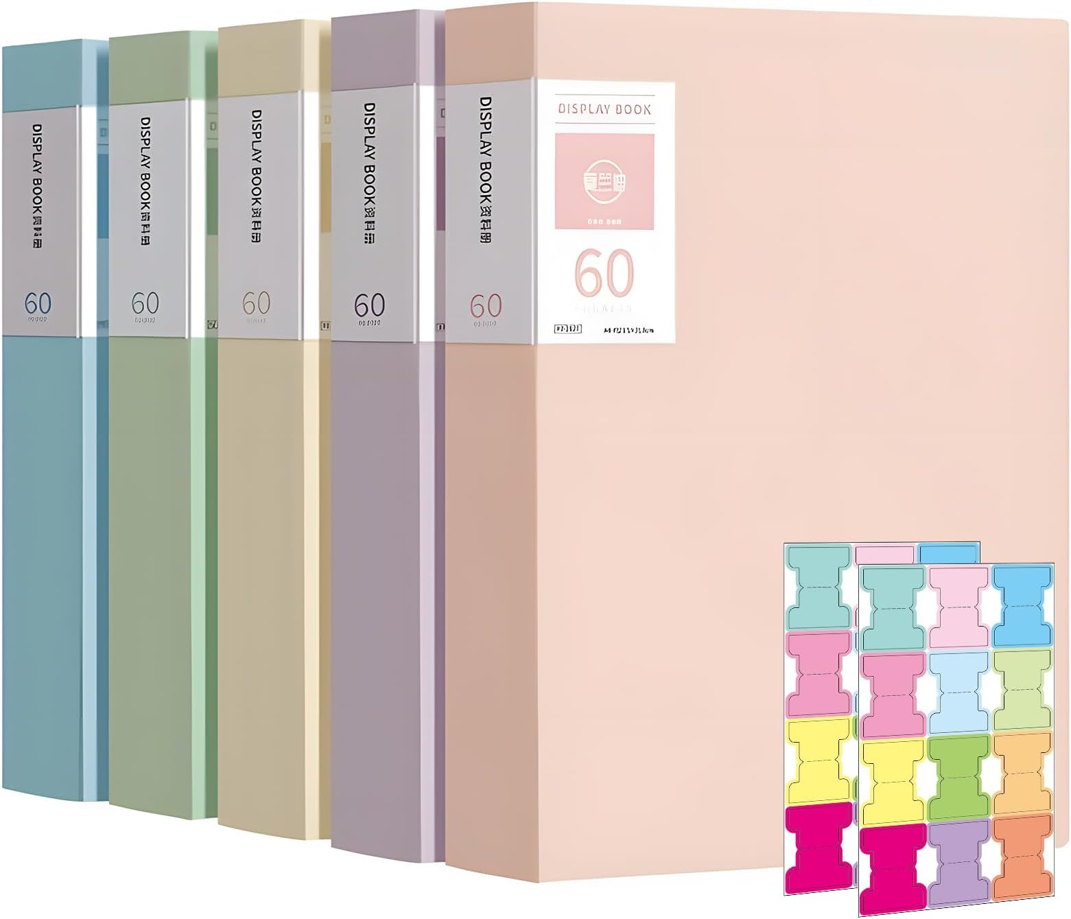 300 Pockets A4 Display Folders, 5 Pack 60 Pockets A4 Display Book with Plastic Sleeves, Document Clear Folders, Safety Presentation Folders for Schools, Offices & Individuals (5 Colors 60 Pockets)