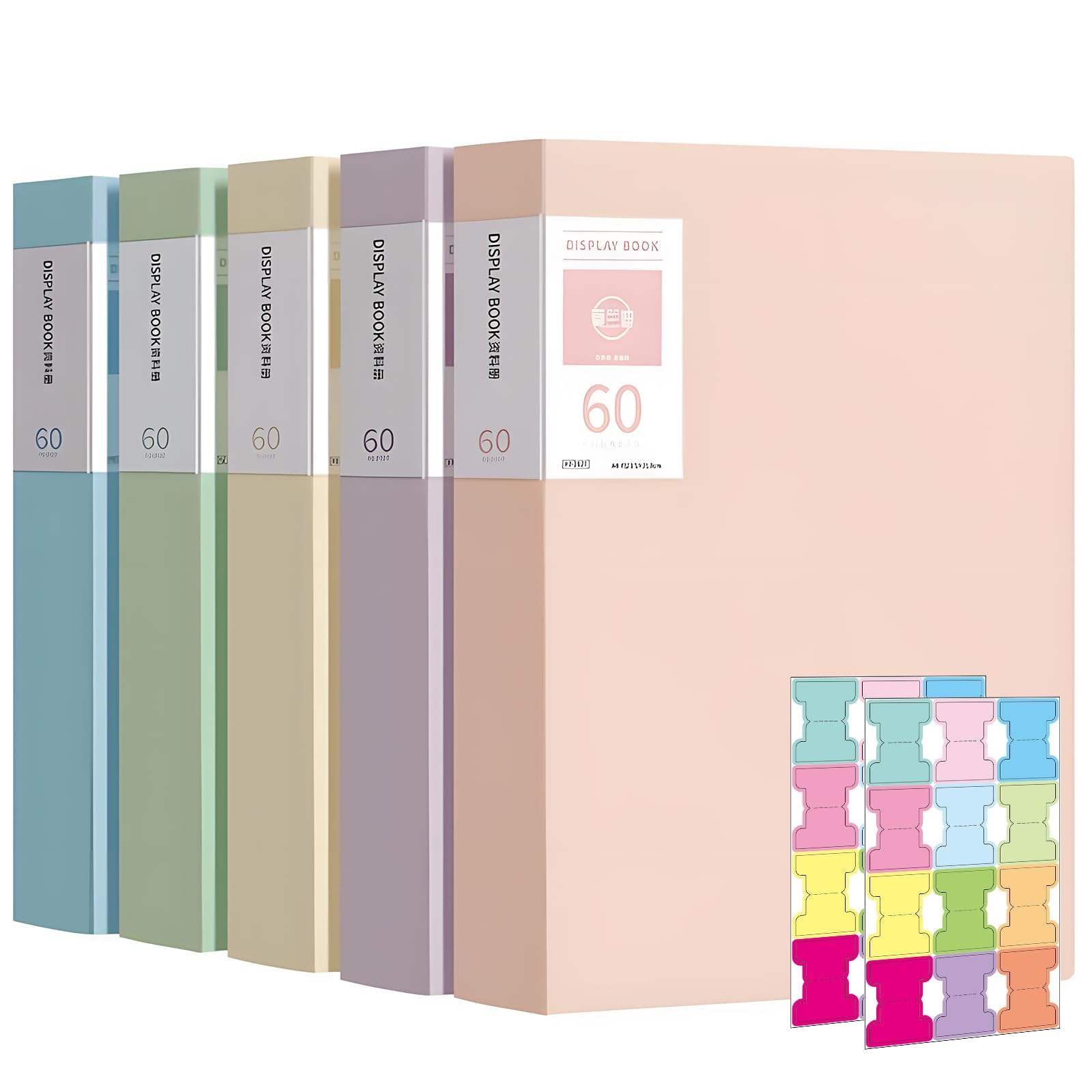 300 Pockets A4 Display Folders, 5 Pack 60 Pockets A4 Display Book with Plastic Sleeves, Document Clear Folders, Safety Presentation Folders for Schools, Offices & Individuals (5 Colors 60 Pockets)
