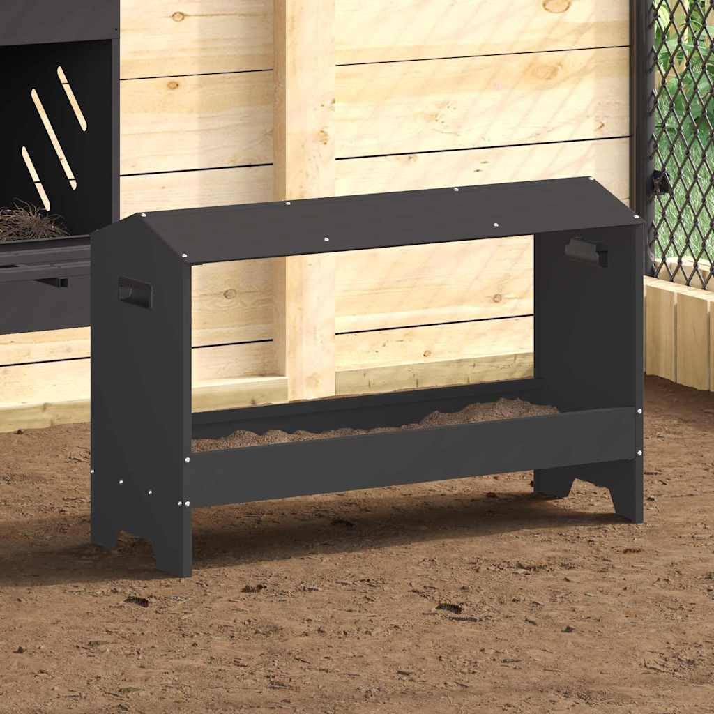 Comedero gallinero Gran capacidad 15 kg, bandeja de alimentación gallinas acero negro 81 x 32 x 53,5 cm, diseño moderno resistente a la intemperie para jardín o terraza, fácil de limpiar.