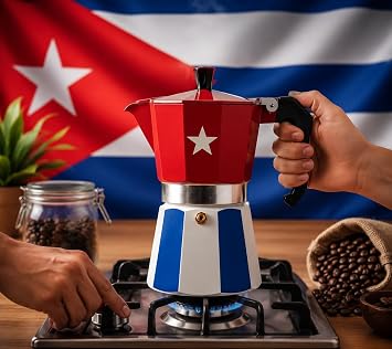 PRK 14 Cuban Coffee Greca Pot Aluminum Moka Pot with Cuba Flag Design | Traditional Stovetop Espresso Maker for Authentic Cafe Cubano 6 cups