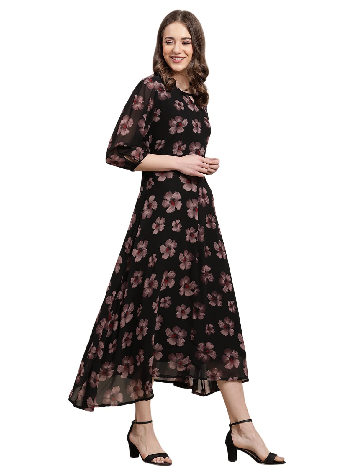 Preneum Women's Maxi Fit & Flare Latest Style Print Georgette Regular Sleeves Casual Summer Maxi Dress || Festival & Occasion, Jet Black, 2Xl