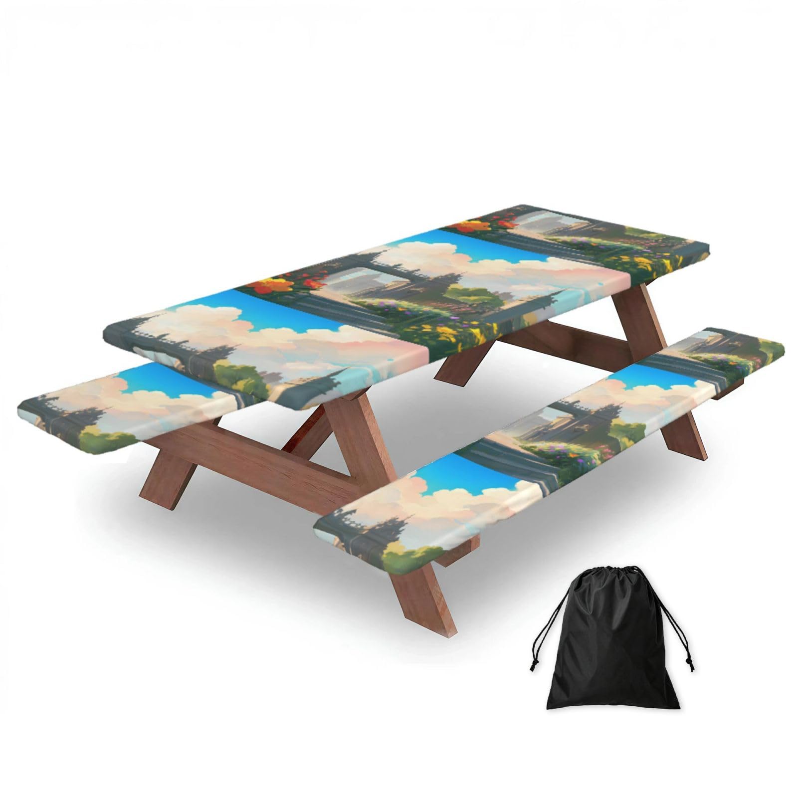 Erwqavc Black Outside The Castle Gate Print Picnic Table Cover & Bench Covers 3-Pack Set, Elastic Tablecloths For 6 Ft Rectangle Tables