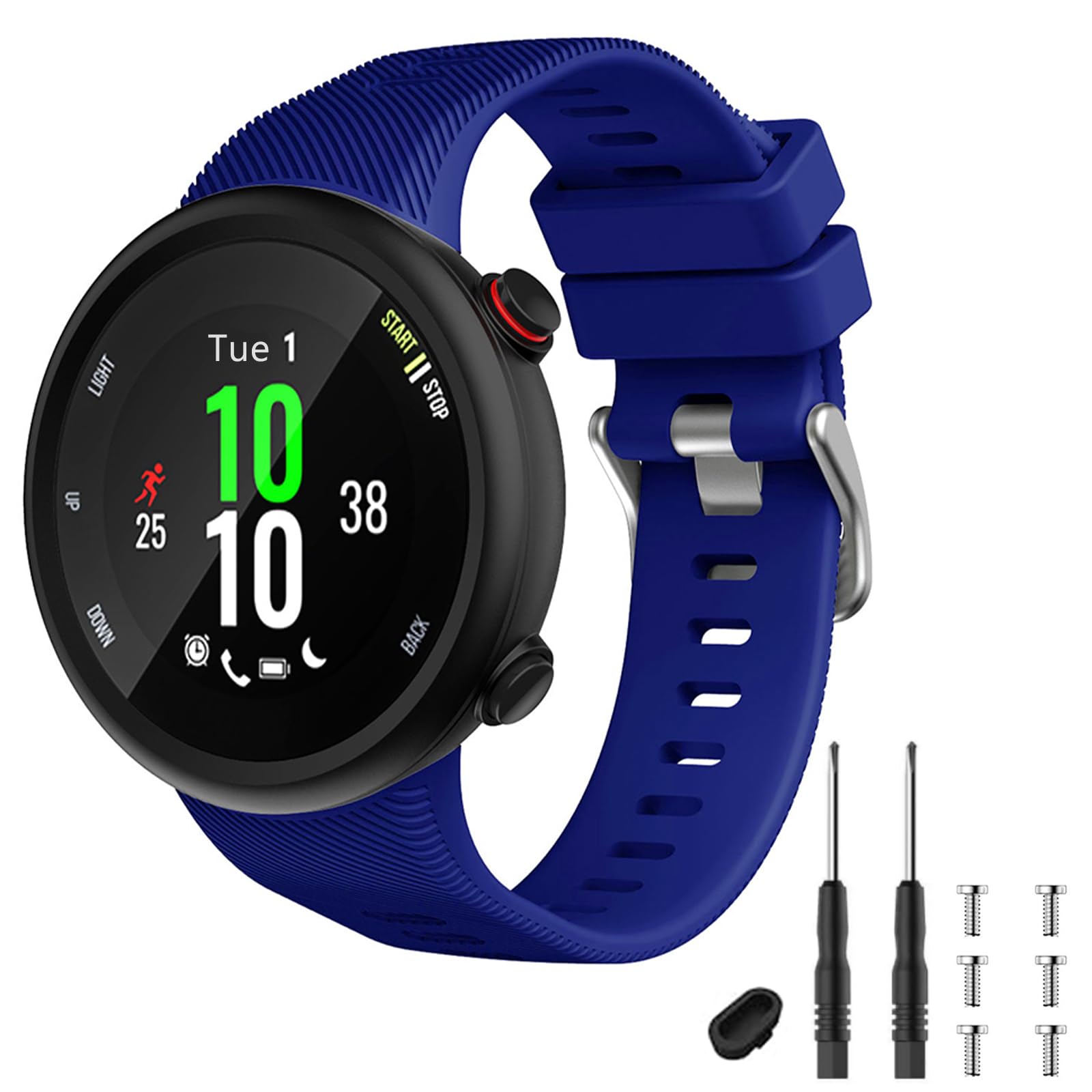 TopPerfekt Strap Compatible with Garmin Forerunner 45s, Sport Silicone Wristband Arm Band Replacement Bracelet for Forerunner 45s (Navy Silver Buckle) — image 1