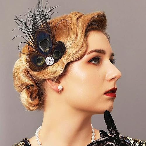 Miniatura 3 de GORTIN Pinza para el pelo de plumas de los años 20, diadema de plumas de gran Gatsby, tocado de plumas de pavo real negro, diadema de Rhiestone,