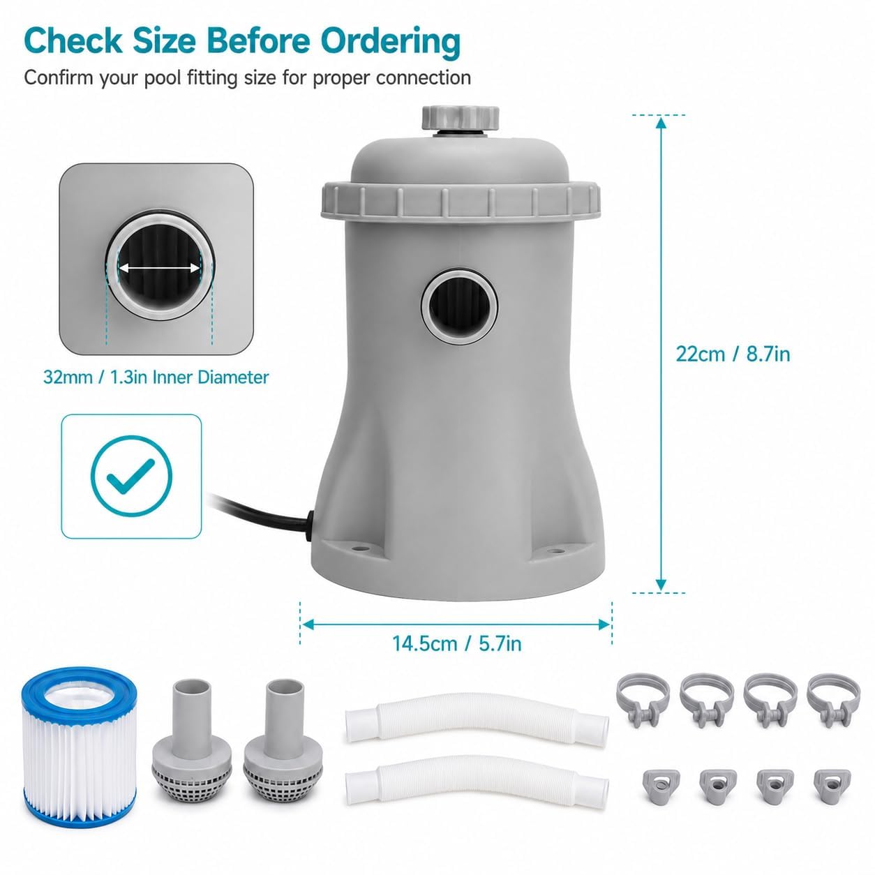 Bomba de Eléctrica Filtro para Piscina Desmontable 330 GPH con Filtro de Cartucho Eléctrico, Depurador Silencioso con Mangueras y Filtro de Repuesto, Kit Completo de Bomba Filtro para Piscina Pequeñas