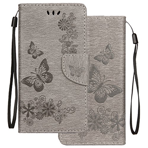 LEMORRY Funda para Huawei Honor 10 Funda Estuches Cuero Flip Billetera Bolsa Piel Protector Magnética Cierre TPU Silicona Carcasa Tapa para Huawei Honor 10, Suerte Mariposa (Gris)
