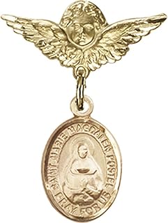 Gold Filled Baby Badge with Marie Magdalen Postel Charm and Angel w/Wings Badge Pin 1 X 3/4 inches