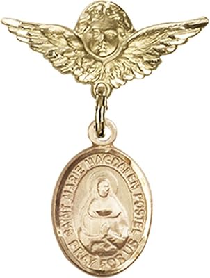 14kt Yellow Gold Baby Badge with Marie Magdalen Postel Charm and Angel w/Wings Badge Pin 1 X 3/4 inches