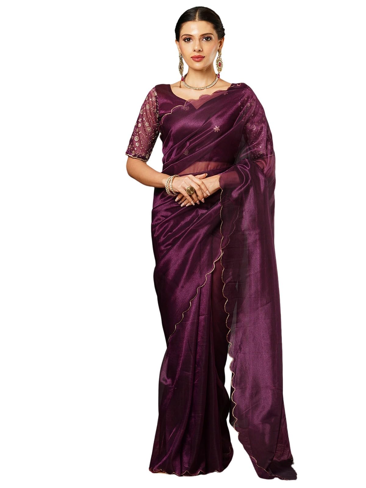 Satrani Women's Shimmer Net Embroidery And Scalloped Border Saree With Unstitched Blouse Piece (3899S442N_Wine)