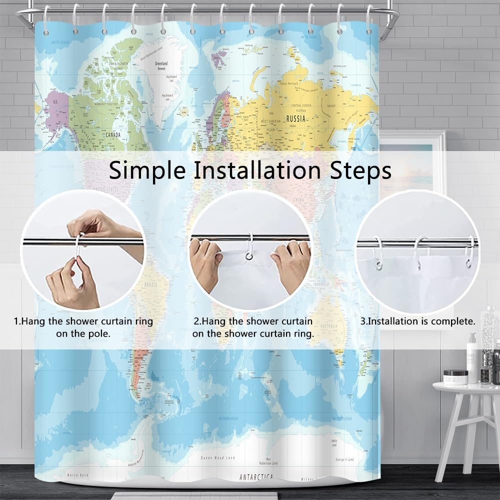 Tenda da doccia con mappa del mondo Tenda da bagno con oceano blu e continenti Mappa del mondo Geografia Tenda da doccia Tessuto impermeabile lavabile in lavatrice 200x180cm