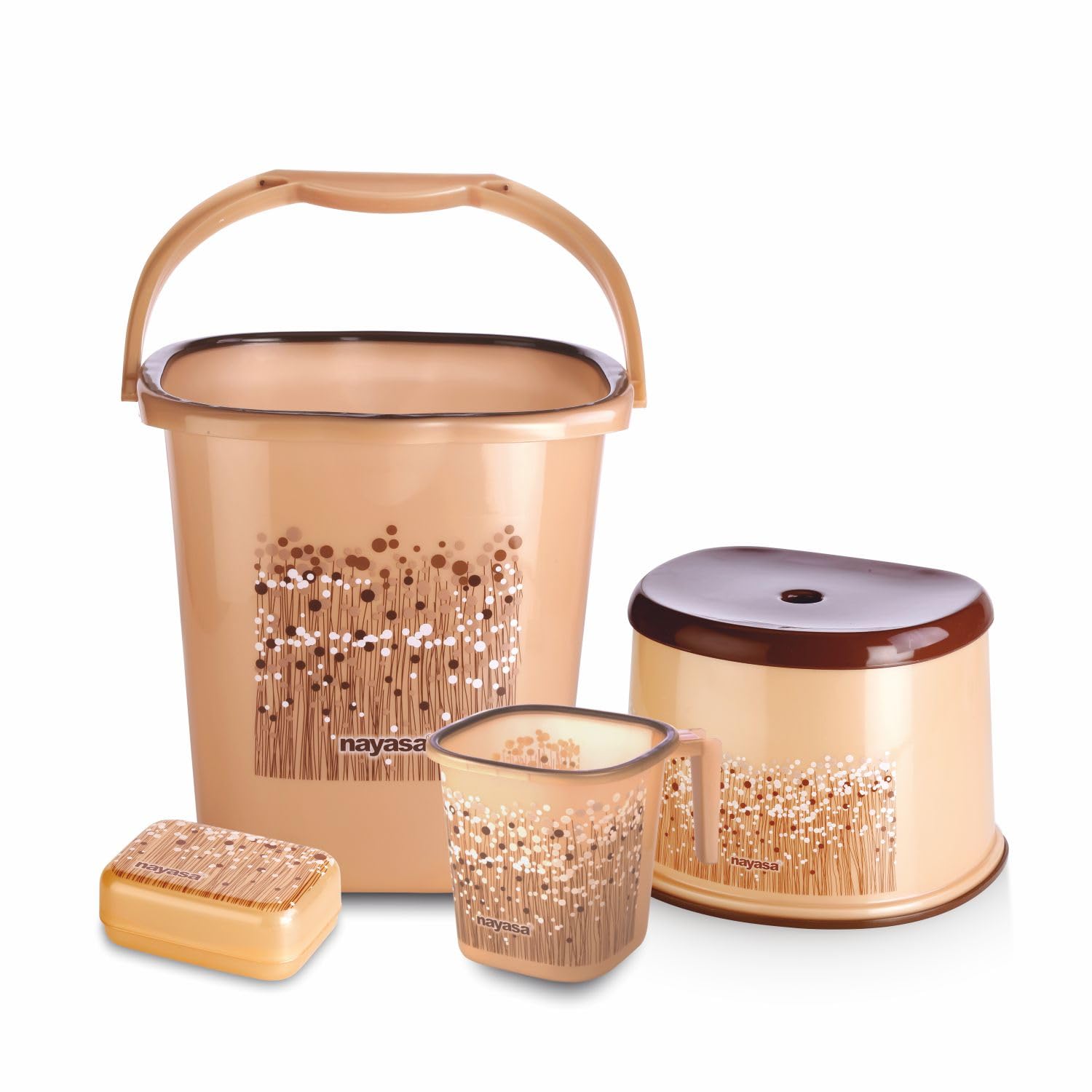 Nayasa Funk Square DLX 4 Pcs Bathroom Set (Bucket 25 L+Mug 1.5 L+Stool+Soap Case) Brown, Plastic