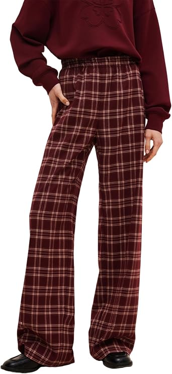 GOELIA Checkered Pants Women Plaid Elastic Waist Palazzo Long Stretchy Wide Leg Trousers Fall Lounge Gingham Teacher Pants