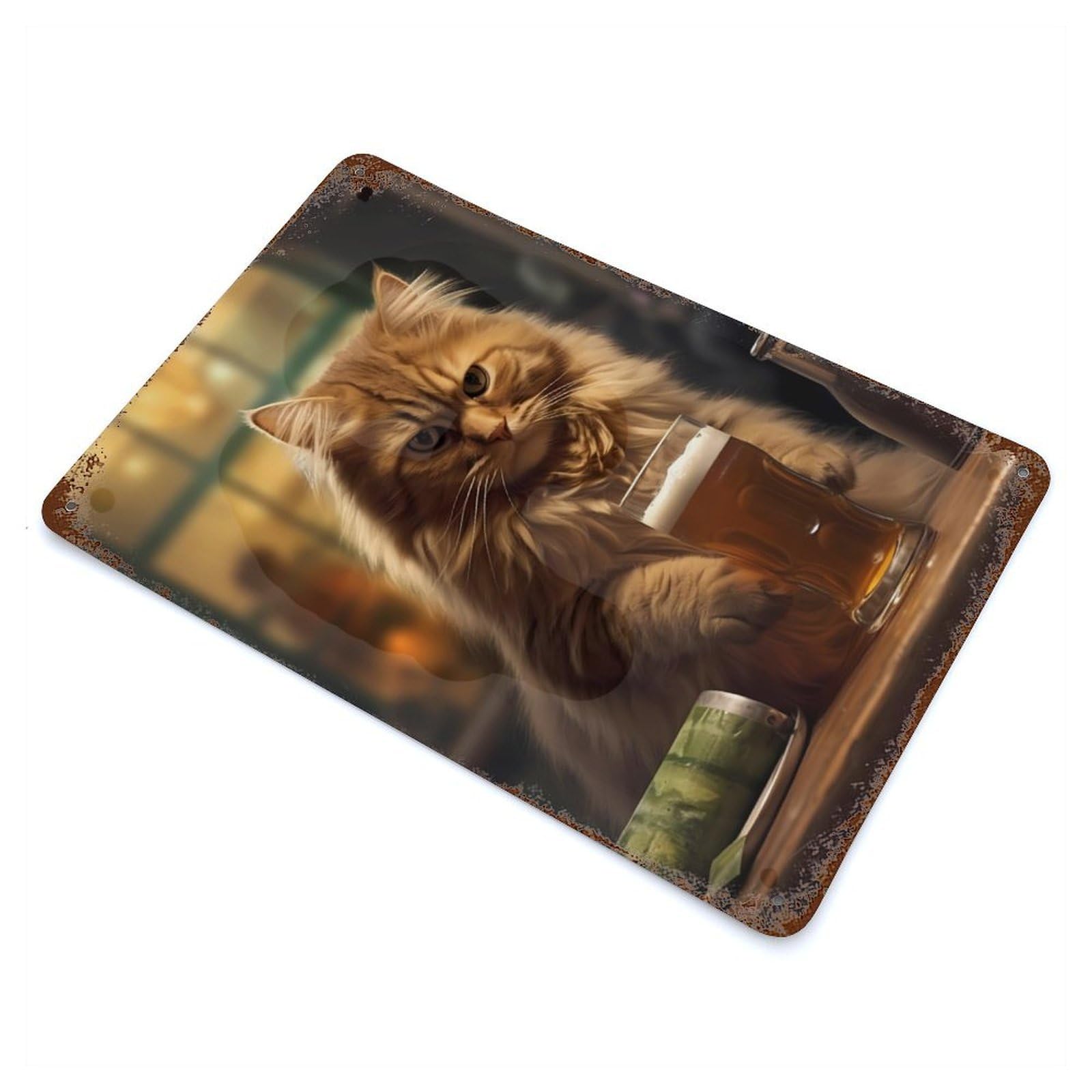 Garage Style Cat Beer Weathered Tin Sign 11.8"x7.9", Classic Wall Plaque for Bar And Workshop