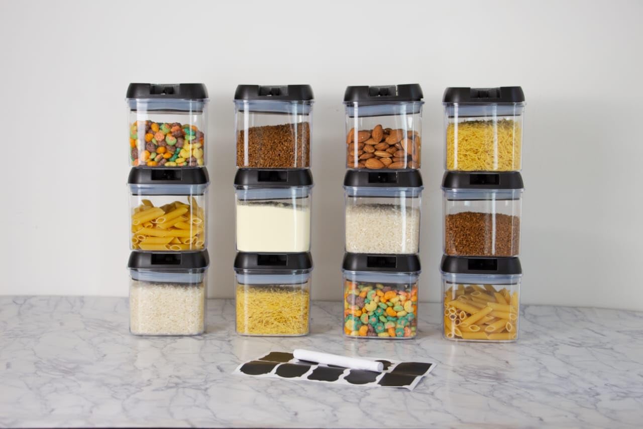 Homey Finds Plastic Food Safe Storage Containers Set with Airtight Seal, BPA-Free, Stackable, and Transparent Design for Kitchen Organization (Black, 12x500), Leak Proof