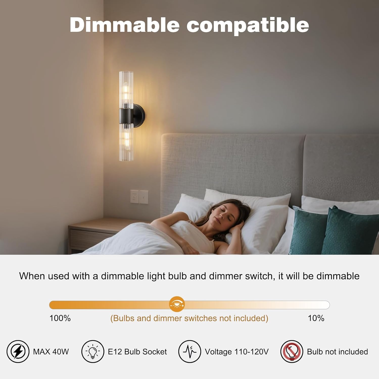 Bathroom Light Fixtures 2-Light, Modern Vanity Light for Bathroom, Wall Sconce, Bath Light with Glass Rods Shades for Mirror Bedroom Hallway (Black)