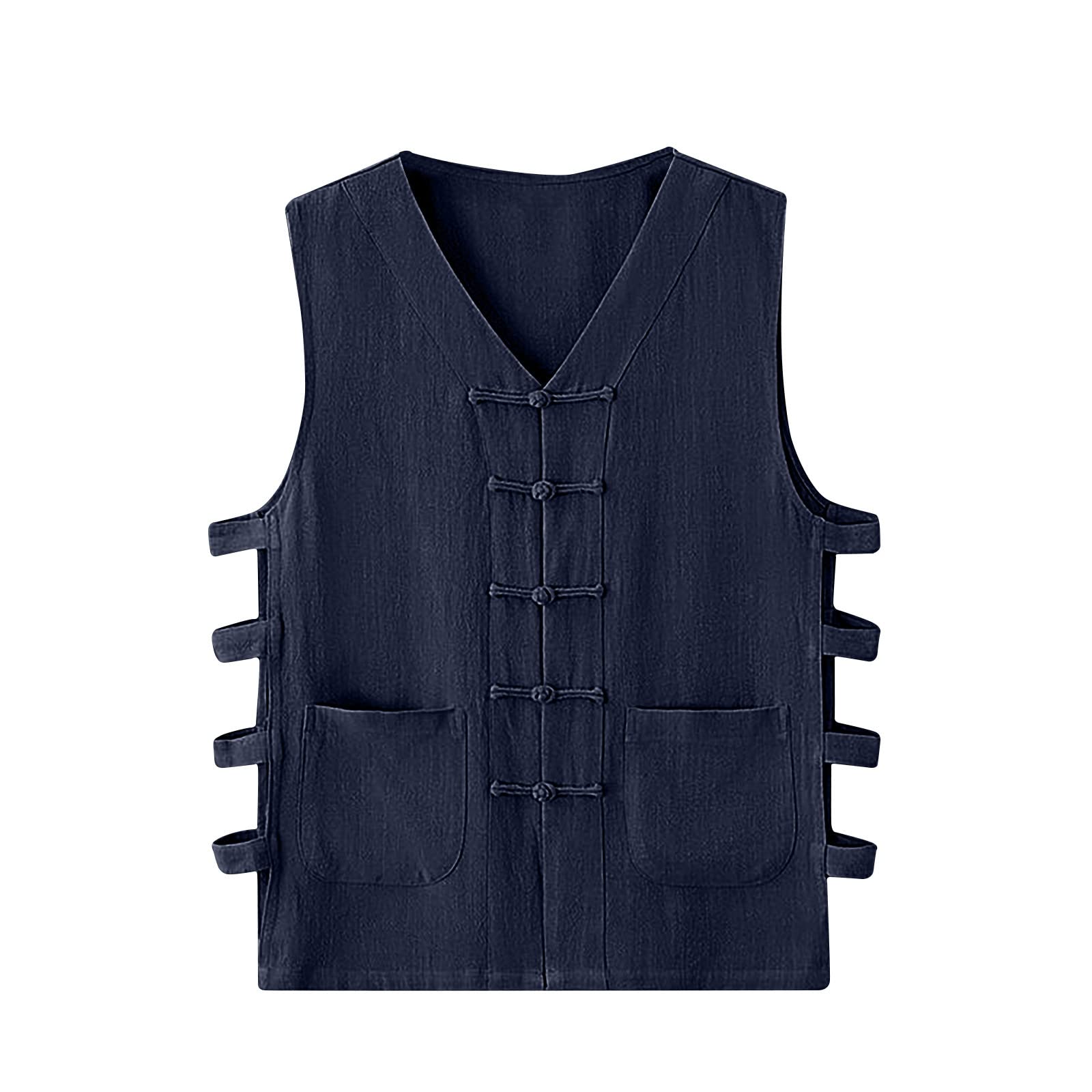 Cotton Linen Tank Tops for Mens Chinese Kung Fu Sleeveless Shirt Vintage V Neck Button-Down Shirts with Pockets Navy