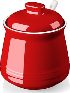 DAYYET 12oz Red Ceramic Sugar Bowl with Lid & Spoon - Farmhouse Kitchen Dispenser for Coffee Bar Decor