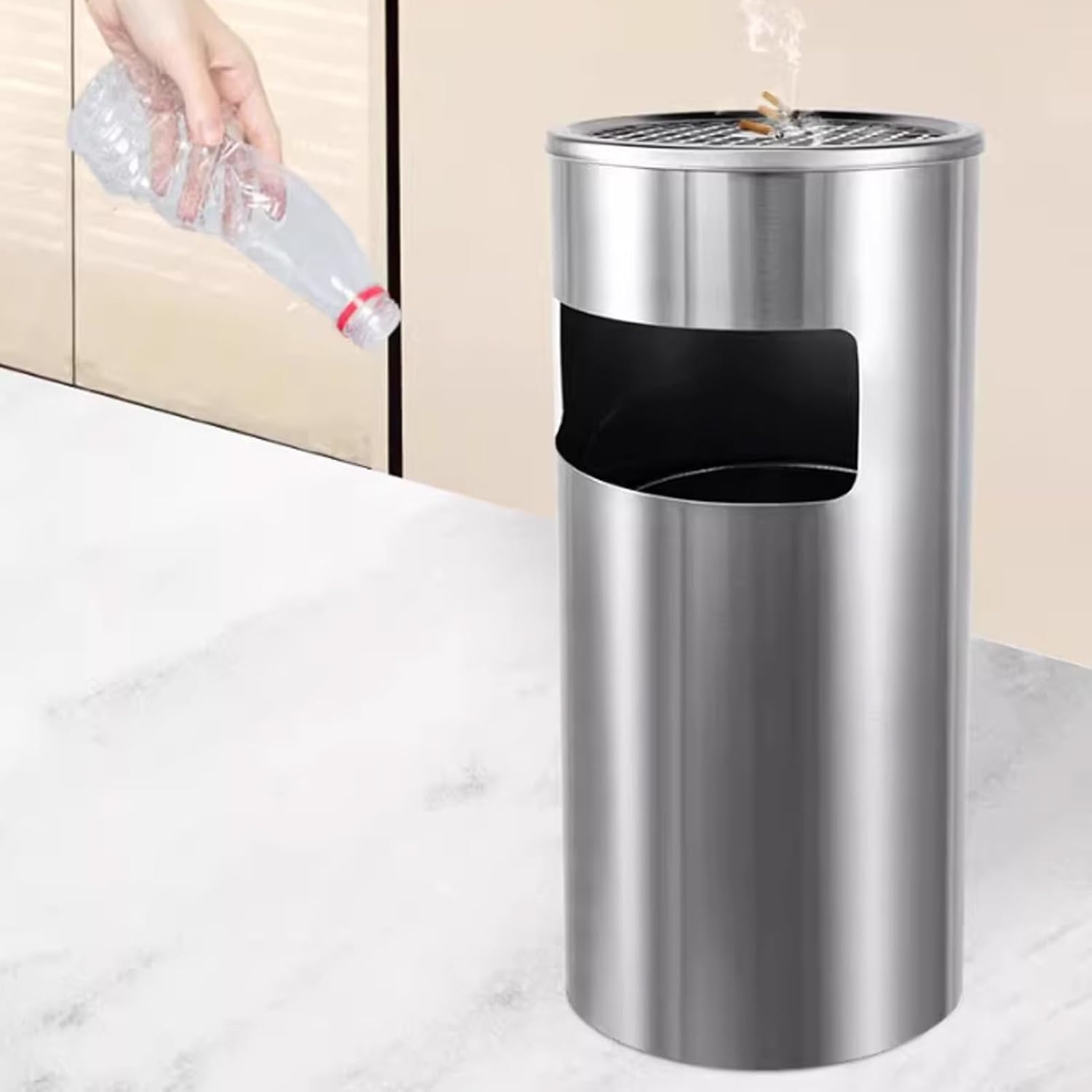 Stainless Steel Round Standing Ashtray Trash Can, Commercial Garbage Can with Removable Inner Bucket and Lid, Cigarette Disposal for Public Places(Black)