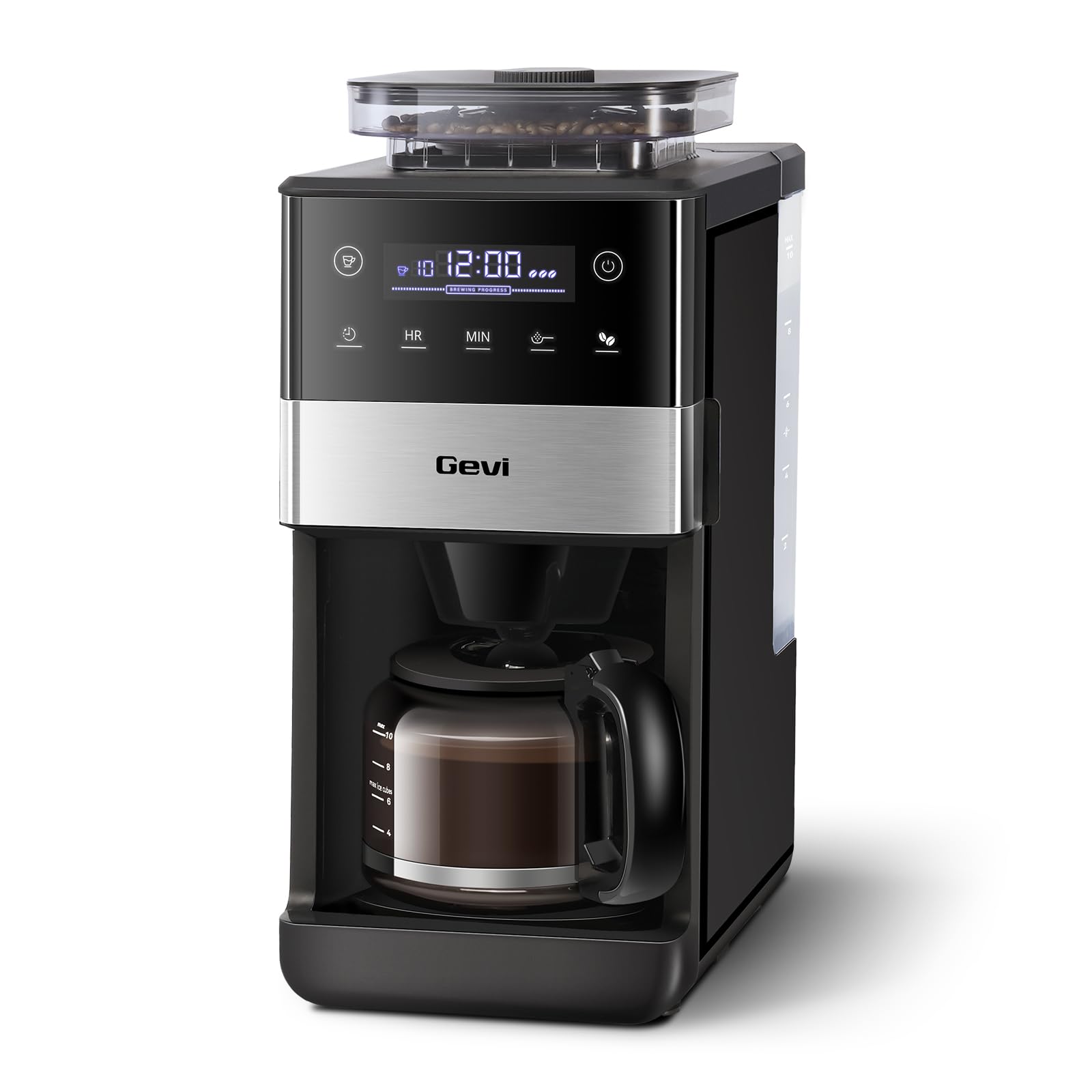 Gevi 10-Cup Grind & Brew Coffee Maker, Touch Screen, Programmable Brew | All-In-One 10-Cup Coffee Maker With Built-In Grinder & Glass Carafe, 90-Min Warm Plate, Reusable Filter, 1.5L Tank