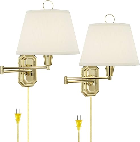 Barnes and Ivy Fredericks - Juego de 2 lámparas de pared modernas de latón dorado con brazo oscilante de 12 pulgadas, pantalla plisada de hongo