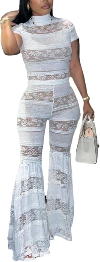 VOIKERDR 2 Piece Sets for Women Sexy Lace Crew Neck Mesh Top and Elastic Pants Sets for Women Going Out