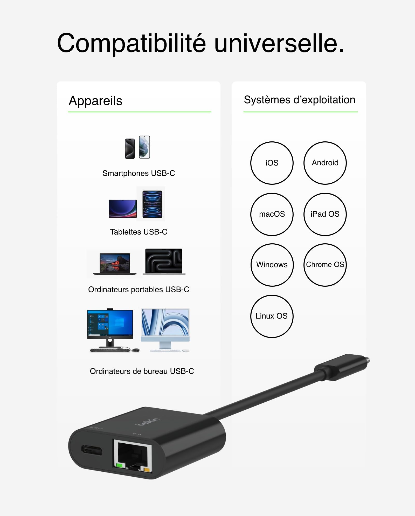 Belkin Connect Adaptateur USB-C vers Ethernet 100 W Gigabit Ethernet 10/100/1000 Mbits Recharge Rapide