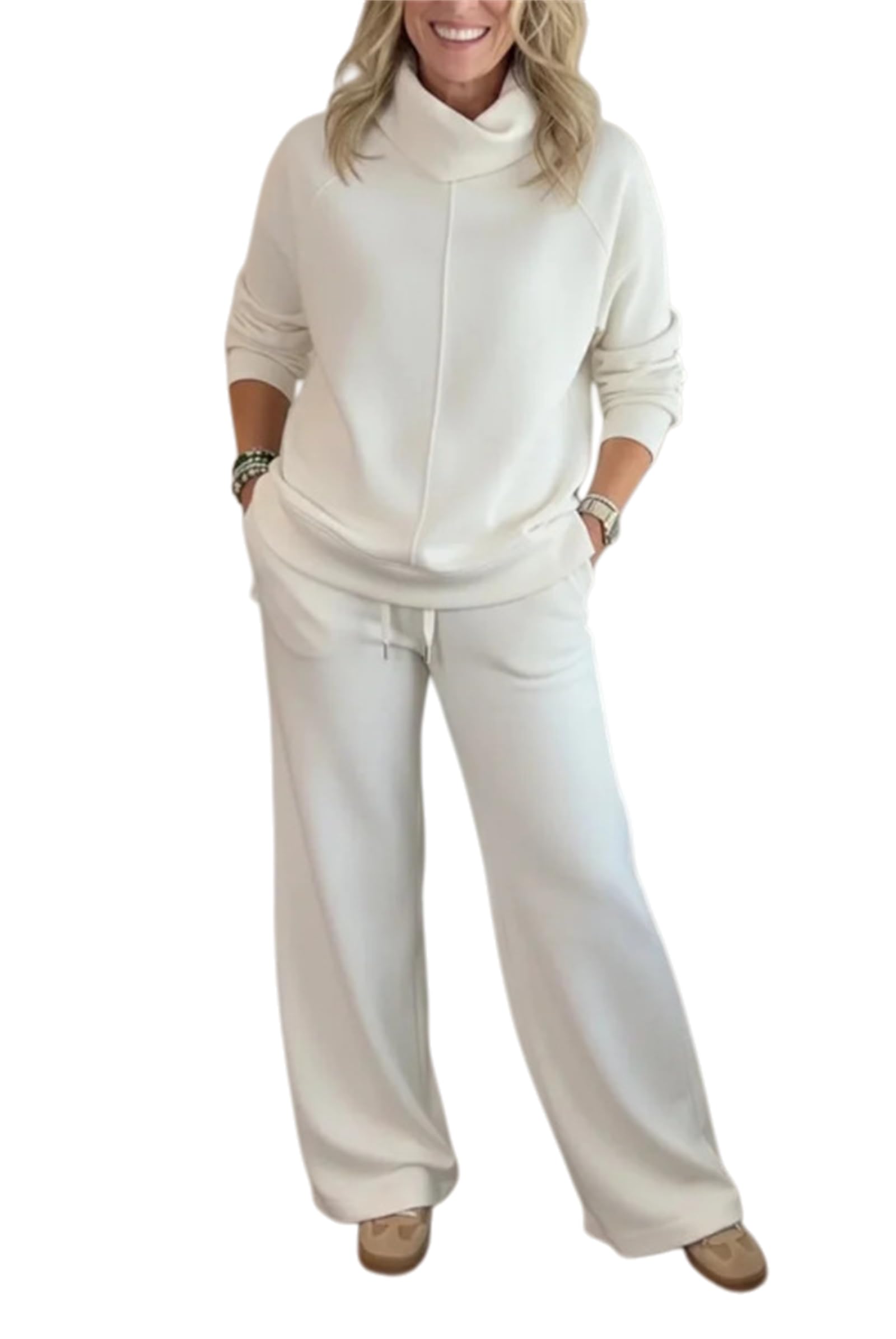 Generisch Przytulna damska bluza i spodnie, dwuczęściowy zestaw, bluza ze stójką i szerokimi nogawkami, zestaw garnituru do joggingu, zestaw wypoczynkowy (3XL, biała)