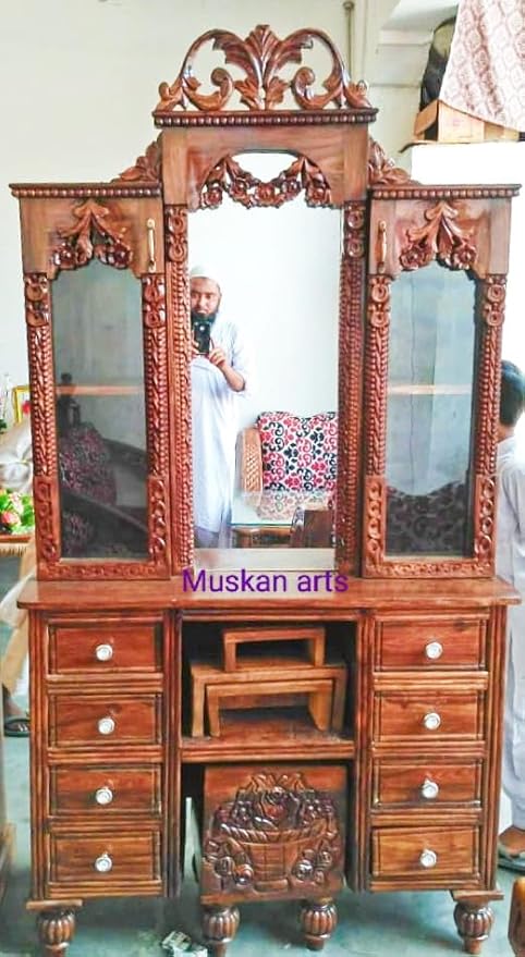 MUSKAN Arts Sheesham Wood Dressing Table, Hand Carving Dressing Table for Bedrooms, Living Room,Storage Space with 8 Drawers & 2 door's & 1 Stool, (LXWXH : 110?51?195 cm)