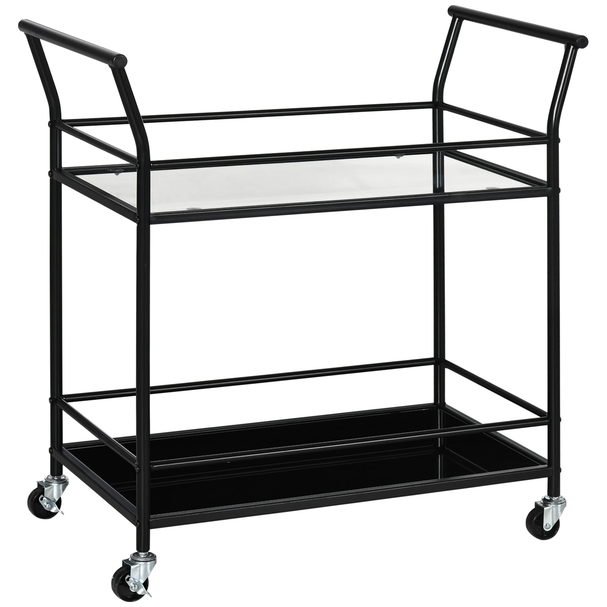 HOMCOM Carrello da Cucina a 2 Livelli con Piani in Vetro Temperato, 4 Rotelle e Struttura in Metallo, 75x40x80 cm, Nero
