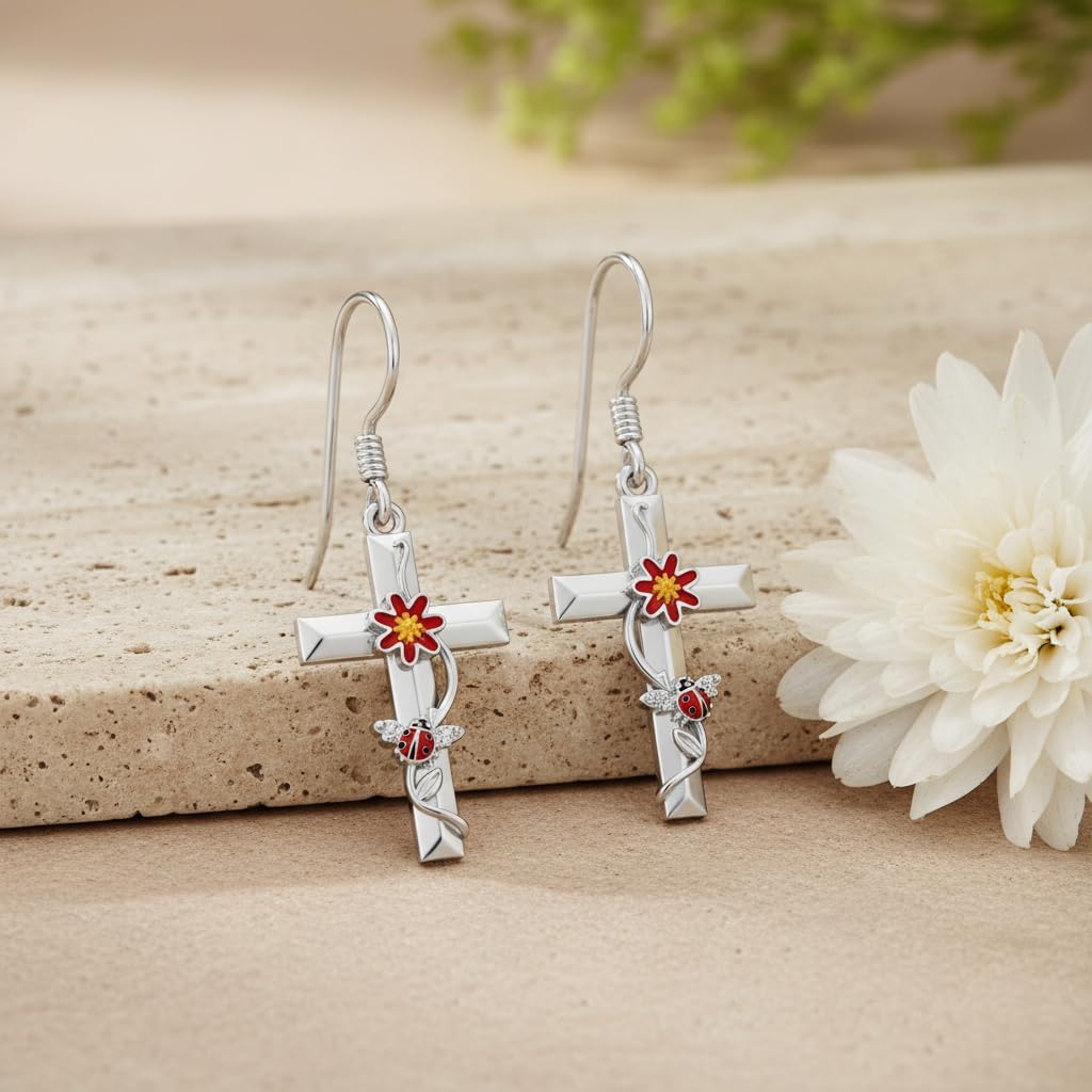 PROESS Sunflower/Ladybug/Hummingbird Cross Earrings for Women 925 Sterling Silver Drop Dangle Cross Earrings Jewelry Gifts - Image 3