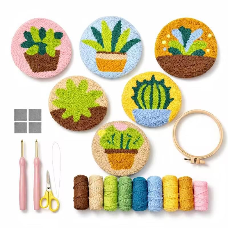 Image of Punch Needle Coaster Kit for Adults Beginners, Easy Punch Embroidery Starter Set with Instructions - Fun Mug Rug Making Kit for Table Decor & Festival DIY Gifts (6pcs Succulent Plants)