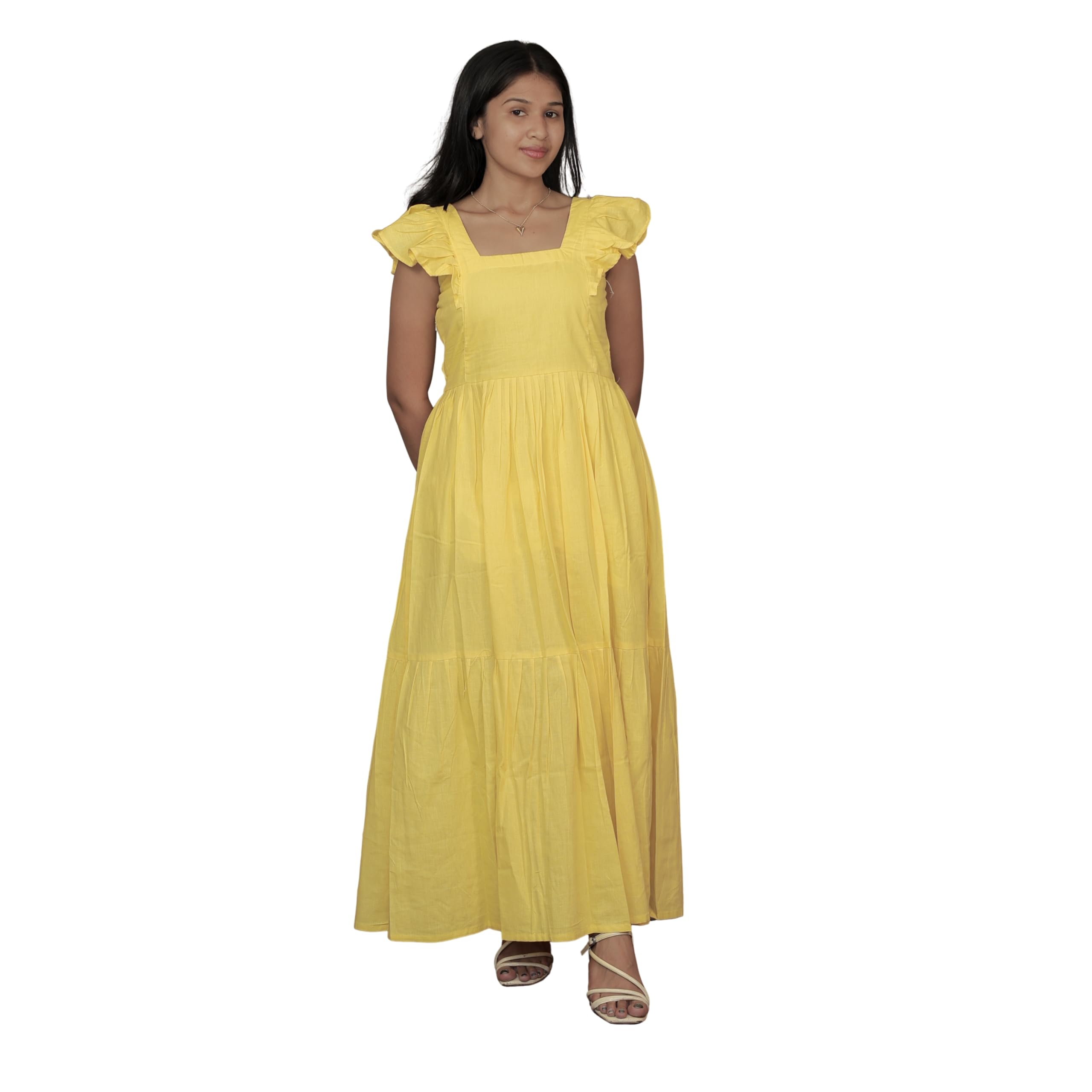 Women's Solid Yellow Cotton Maxi Dress | Square Neck Ruffle Flutter Sleeve Tiered A-Line Ankle-Length Western Long Dress for Women & Girls | Casual Summer Beach Vacation Dress-picture-49
