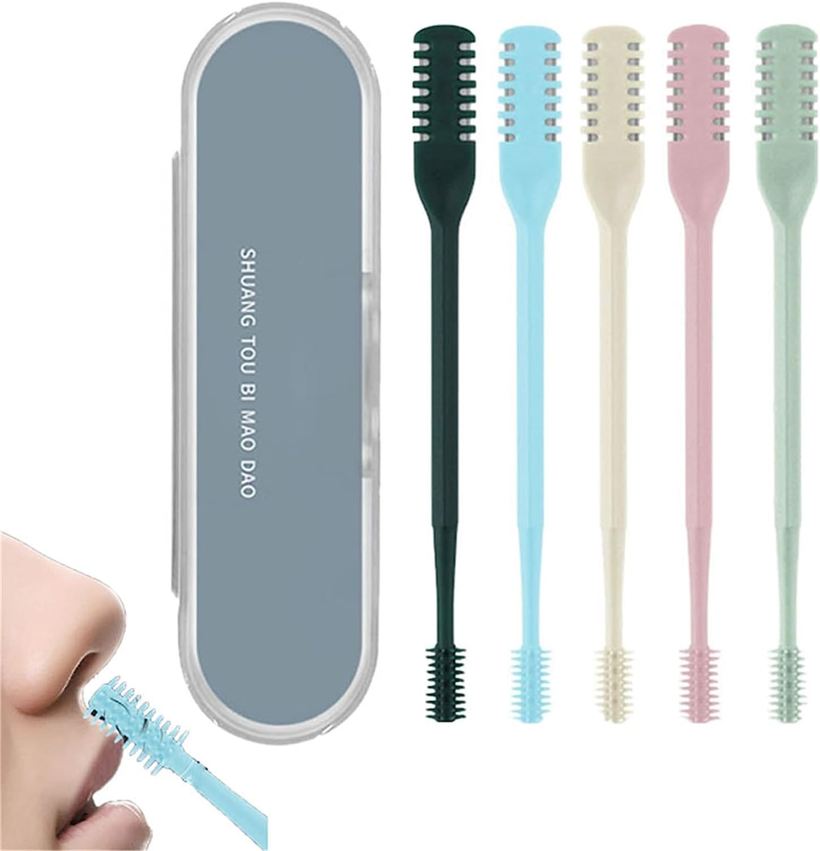 Bloame Nose Trimmer, Double Head Nose Hair Trimmer with Storage Box, 360 Degree Rotating Washable with Cleaning Brush, Nose Hair Cleaning Implement, Nasal Hair Clippers for Women and Men (5PCS)