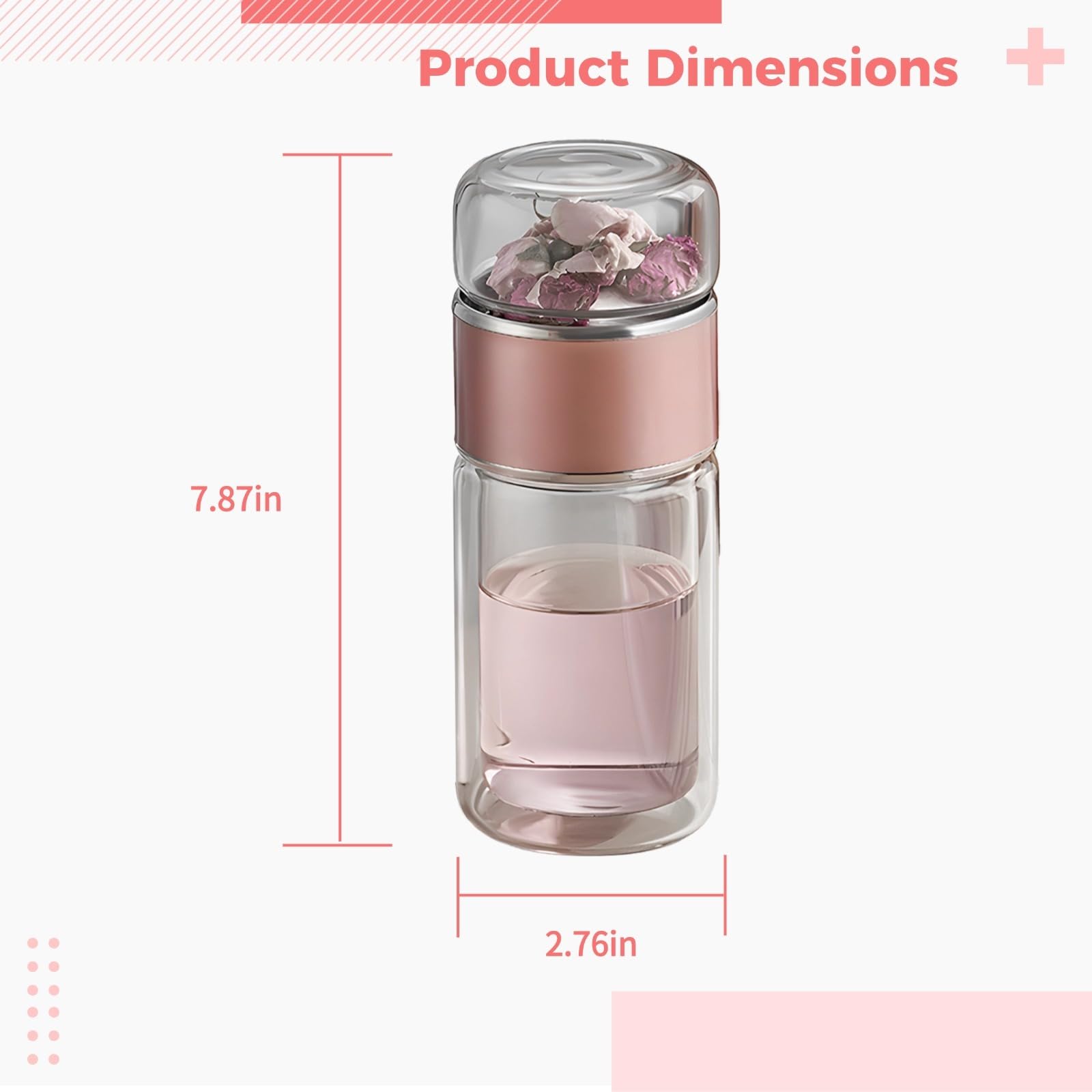 Teeflasche mit Filter, doppelwandiger Glas-Reisebecher, hitzebeständiger Teebecher für losen Tee, Glas-Wasser- und Teebecher für Zuhause, Büro und Schule, Roségold, 16,9 oz