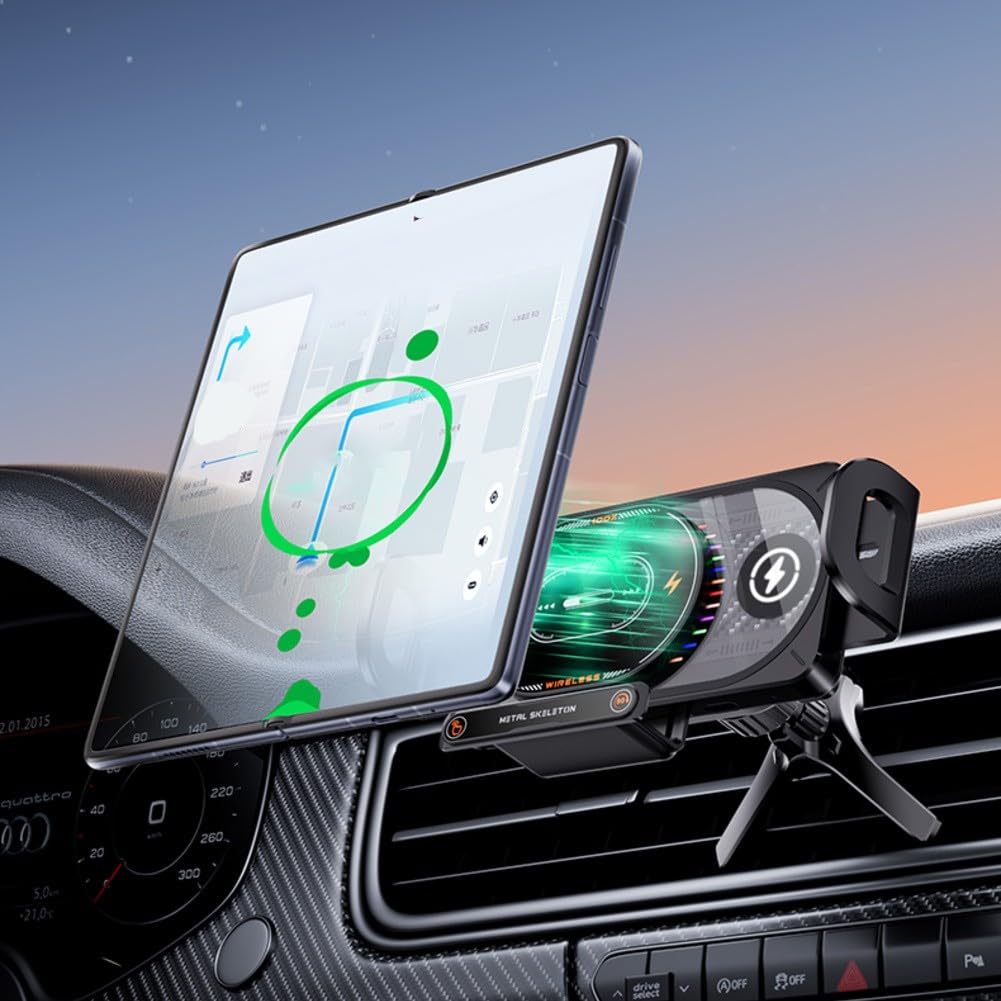 Cargador de coche inalámbrico rápido de 15 W con luz RGB, soporte de ventilación ajustable para Samsung Galaxy Fold and Flip, rotación vertical horizontal de la pantalla