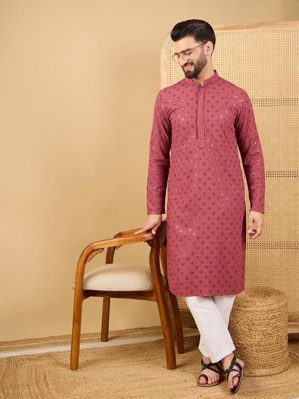 Image of Men's Solid Embroidered Long Straight Kurta | Men's Kurta | Embroidered Chikankari Kurta for Men | Straight Fit Kurta for Men